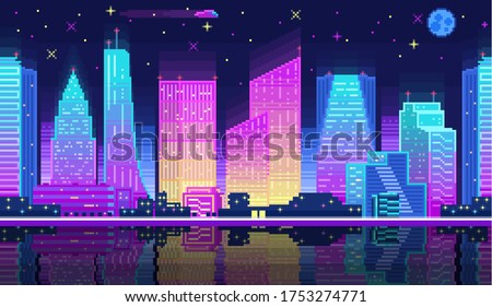 Night city landscape neon pixel background with hight buildings silhouette and stars. Pixelated night city landscape neon for game. 2d pixel video game nighttime with modern skyscrapers in city