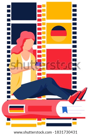 German language courses illustration with german word flag and a woman with phone sitting on the books typing on screen. Perfect for network advertising or language school. Online education