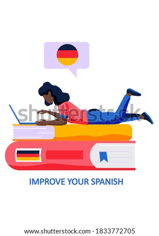 German language courses illustration with german word flag and a woman with laptop lying on the books typing on keyboard. Perfect for network advertising or language school. Online education