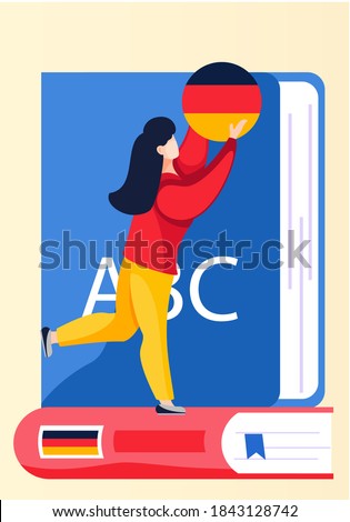 German language courses illustration with woman standing on book holding german word flag in circle frame. Perfect for network advertising or language school. Online education, speaking club