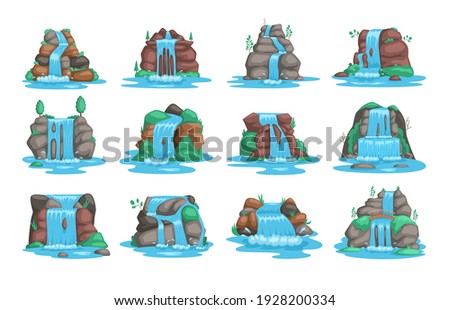 Set of waterfall. River waterfall falls from cliff white background. Water fall streams. Picturesque tourist attraction with small waterfall and clear water. Cartoon landscapes with mountains and tree