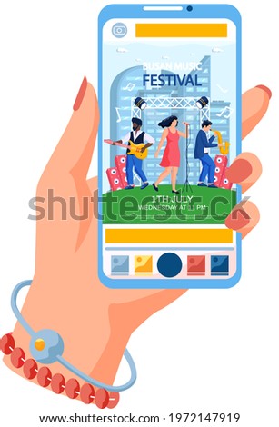 Open air concert poster in outdoor summer music festival in South Korean city Busan on mobile phone screen. Singer and musicians member of musical group plays guitar, advertising web page announcement