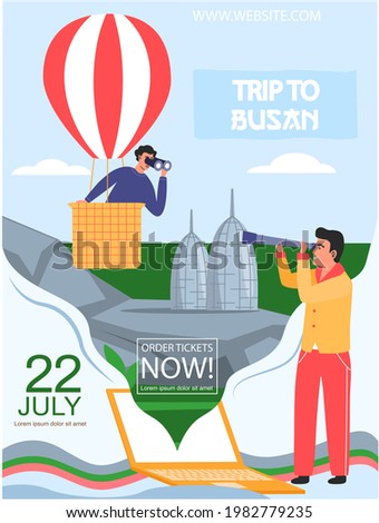 Trip to Busan travel poster with man in hot air balloon looks through binocular in South Korea. Traveler male character journey against background of sky and mountains, welcome to extreme excursion