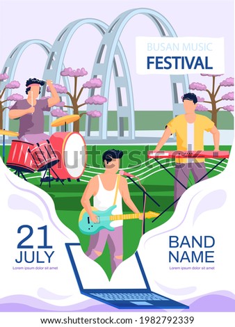Open air concert in outdoor summer music festival in South Korean city Busan natural landscape promotional banner. Men musicians member of musical group plays music in city, advertising poster