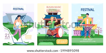 Open air concert in outdoor summer music festival in South Korean city Busan with cityscape promotional banners set. People members of musical group plays music, advertising web page announcement
