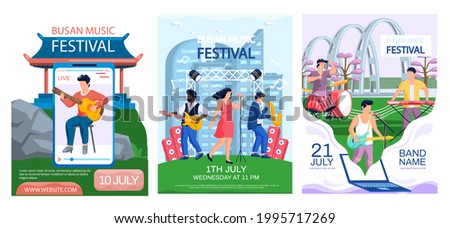 Open air concert in outdoor summer music festival in South Korean city Busan with cityscape promotional banners set. People members of musical group plays music, advertising web page announcement