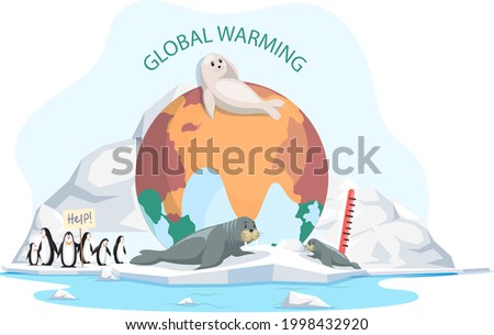 White seal and sea bear lies on ice floe. Wild animals penguins need help on glacier in antarctica. Mammal living in arctic. Fur-seal lies on iceberg suffer from climate change and global warming