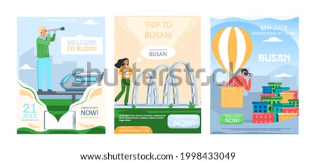 Trip to Busan advertising banners set. Man stands on platform of modern railway with high-speed train and looks through telescope. Girl on excursions in South Korea. Person traveler in hot air balloon