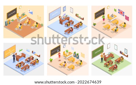 School education isometric with teacher and pupil at lesson. Learning process in classroom. High school isometric people composition with class room interior and characters of teacher and students