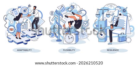 Personal quality concept creative metaphor set. Adaptability, flexibility and resilience, mental strength, psychological suppleness, decision making, leadership role, personal development metaphors