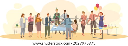 Birthday party in office flat vector illustration. Workers organize holiday, congratulate boss. Interaction, entertainment at workplace. Business team giving gifts balloonns and cake to colleague