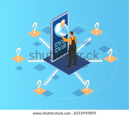 Mobile phones technology business concept, Creative network information process scheme with question marks. Male character stands and chooses connection with modern smart mobile phone services and app