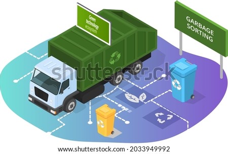 Garbage truck and trash recycling bins. Waste transport vehicle isometric illustration. Innovative green technology, eco smart system and recycling. Garbage sorting, waste management concept