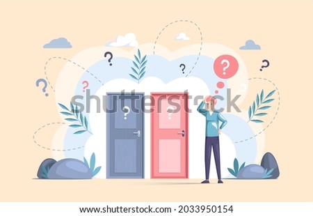 Making confusion. Man think about solution to problem, chooses which door to open. Doubt and struggle about strategy, path direction with symbolic question marks. Search for right answer, dilemma