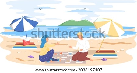 Couple playing board game sitting on sandy beach. Friends enjoy indoor activity in summer vacation. Cartoon character guy and girl having fun outdoors together, resting on weekend with tablegame 商業照片 © 