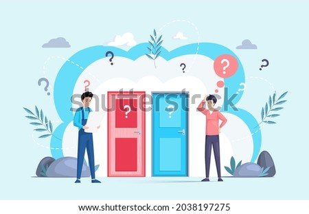 Making confusion. Men think about solution to problem, chooses which door to open. Doubt and struggle about strategy, path direction with symbolic question marks. Search for right answer, dilemma