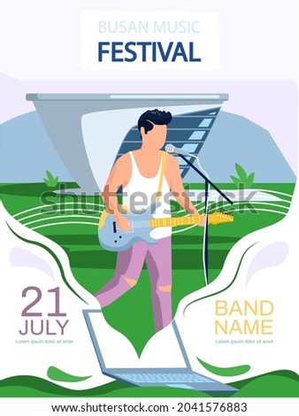 Open air concert in outdoor summer music festival in South Korean city Busan natural landscape promotional banner. Man guitar player member of musical group plays music in city, advertising poster