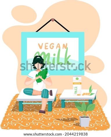 Non dairy nut vegan milk in box with infographics. Vegetarianism concept, young woman sitting near soybean pods and pack. Healthy alternative to lactose milk, an environmentally friendly product