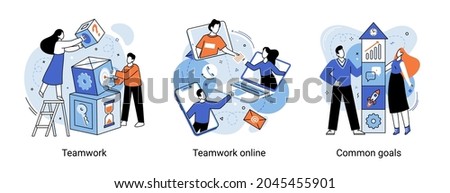 Teamwork online, common goals scenes set. Business meeting successful teamwork concept. Businessman and woman characters communicating via internet, collaborating, brainstorming, discussion idea