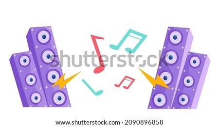 Music column and funny notes. Mobile speaker on white background. Two speakers moving with musical notes that come out of them. Musical equipment for amplifying sound on stage for large audience