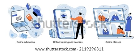 Online education, classes, workshop and language tutoring, video call, educational webinar, personal tutor training and courses. Distance web learning abstract concept vector illustration set