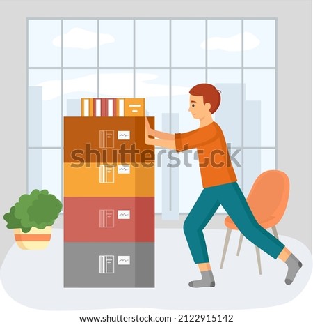 Cartoon male character standing in library and moves cabinet with drawers and books, bookstore employee tidies up store. Guy makes rearrangement of house in his room, pushes furniture in office