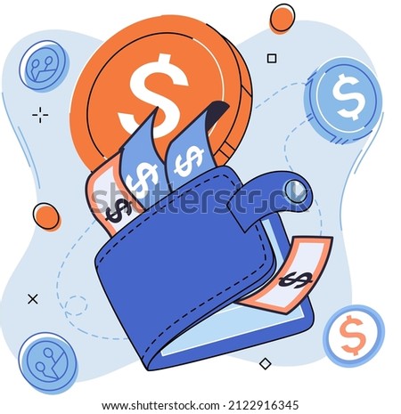 Wallet with money and dollar coins. Purse with cash. Business and finance symbol, wealth. Big pile of cash. Hundreds of dollars. Means of payment various elements, currency and cash equivalents