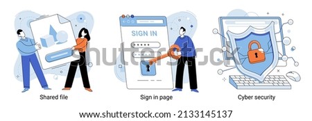 Shared document file, cyber security sign in page, Public folder access, editing online, safety user login abstract metaphor. Security in web safe use of software and personal data protection metaphor