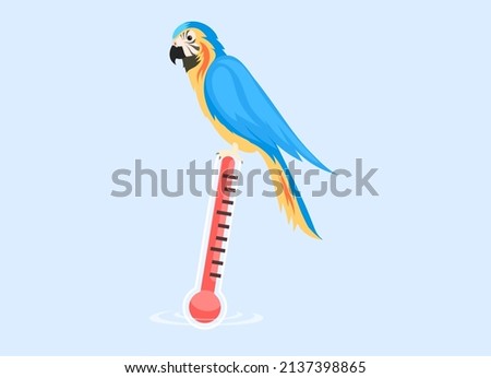 Cute tropical parrot sits on thermometer with red scale. Concept of global warming temperature increase on planet. Exotic bird hot climate dweller and device for measuring air and water temperature