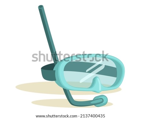 Blue diving or snorkel mask with tube for breathing. Vector illustration of snorkeling equipment. Attribute of travel and summer vacation on beach in sea or ocean, scuba diving, underwater dipping
