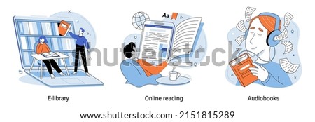 Electronic library, online book storage metaphor. Reading publications, literature via Internet. E-learning and training program for electronic device. People read books with online library mobile app