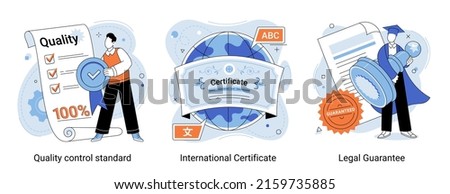 Business people meeting quality control standards and getting international certificate. Vector set for certification, quality management, industry, legal guarantee, legislative protection of rights