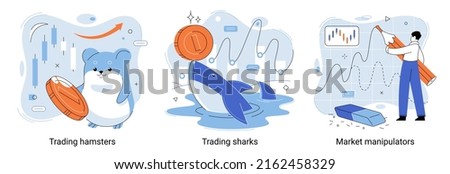 Manipulating market and control stocks with master power. Trading hamsters and sharks metaphor set. Fake data for business valuation. Inexperienced investor, bad investment, experienced traders