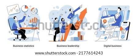 Metaphor set of digital business vector illustration. Market success, digital work, leadership strategy, data analysis. People dealing with business statistics, online transactions, profit increase Сток-фото © 