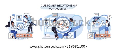 CRM metaphor. Customer Relationship Management. Application software for organizations automatisation of customer interaction strategies to increase sales, optimize marketing, improve customer