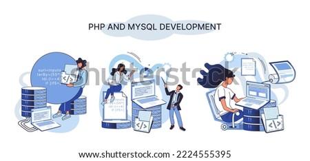 PHP and MySql development metaphor. Software website developer with computer, programmer service, open source general purpose programming language. Scripting web applications allows to create programs