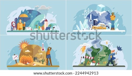 Extreme weather conditions. Natural disasters cartoon vector set. Catastrophe, cataclysm. Downpour with tsunami and flood, icing and ice age, low temperature, heat, drought, strong wind with tornado