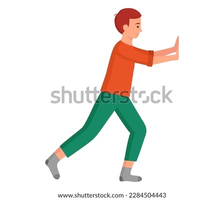 Cartoon male character standing isolated on white and moves something, pushes an object with hands. Guy makes rearrangement of house in his room, pushes furniture in office man moving to new house
