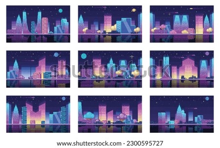 Epic scifi pixel neon city at night. Pixel art neon night city with buildings panorama. Retrowave arcade game set in pixel art background in retro 80s - 90s style. 8-bit Pixel synthwave graphics