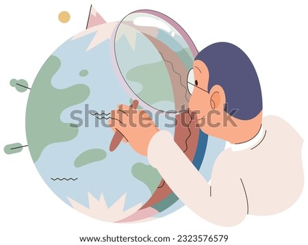 Scientist studying earth layers, examines section of globe with magnifying glass. Core, mantle, crust and lithosphere geological examination and inner section structure exploration with planet model