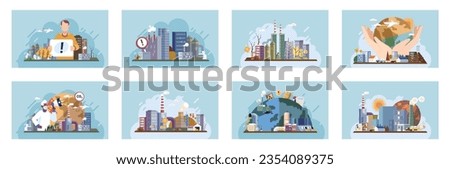 Industrial pollution. Dirty waste. Environmental pollution. Vector illustration. The link between air, water, and soil pollution and industrial production is undeniable Factory emitting smoke has to