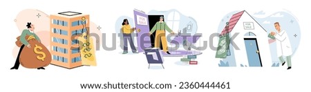 Buying and choosing housing. Vector illustration The purchase residential property marked new chapter in buyers life The business flourished in its new building, attracting more customers Choosing