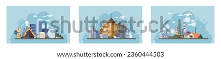 Industrial pollution. Dirty waste. Environmental pollution. Vector illustration. Dirty waste must be processed using environmentally friendly methods Air, water, and soil pollution by industrial