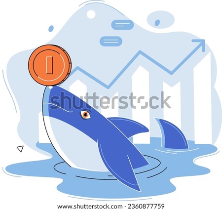 Shark emerges from water and holds gold coins on its nose. Trading hamsters and whale metaphor set. Fake data for business valuation. Inexperienced investor, bad investment, experienced traders