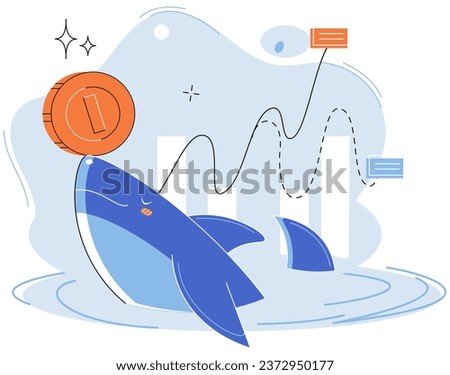 Shark emerges from water and holds gold coins on its nose. Trading hamsters and whale metaphor set. Fake data for business valuation. Inexperienced investor, bad investment, experienced traders