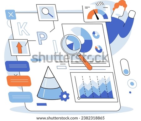 KPI key performance indicator. Vector illustration. Statistics are key in measurement and analysof KPIs Goal planning relies heavily on key performance indicators A report on business metrics creveal