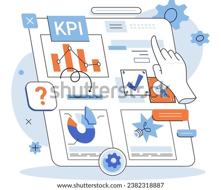 KPI key performance indicator. Vector illustration. Business metric improvement requires consistent measurement Dashboard reports offer quick view of key performance indicators Graphs and charts