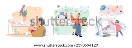Child with tablet. Vector illustration. Electronic devices, such as tablets, have revolutionized way children access educational materials Education in digital age is characterized by integration