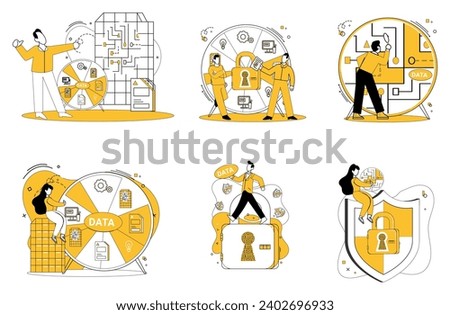 Data management vector illustration. Data security is fortress protecting valuable assets within database Big data is raw material awaiting sculptors touch in realm analytics In landscape information