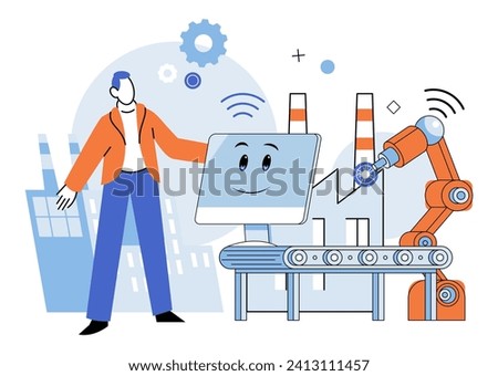 Industry iot vector illustration. Industry IoT, digital maven, harmonizes with technology in grand symphony business Automated processes, fueled by innovation, traverse interconnected roads metaverse